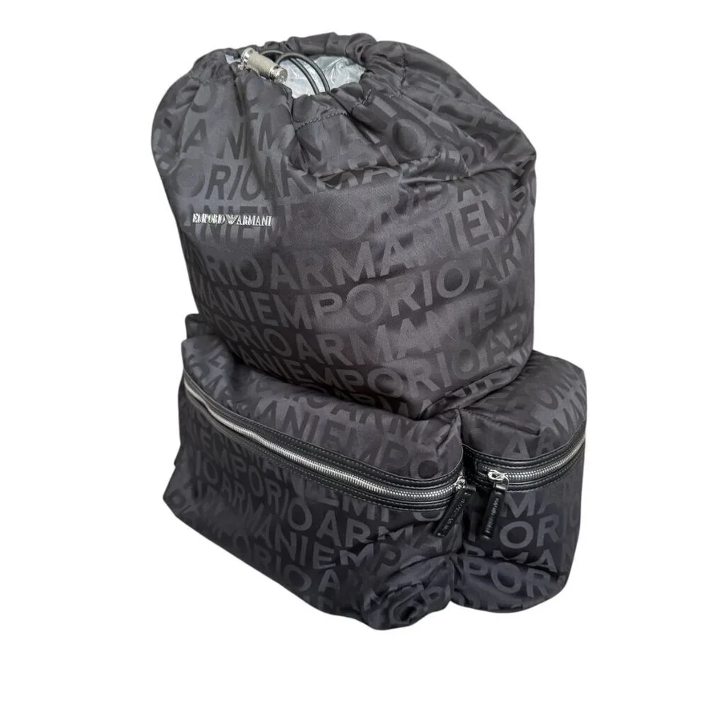 New‎ Emporio Armani Black Nylon oversized Drawstring Logo Backpack